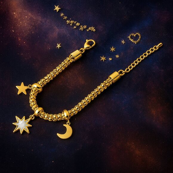 🆕️ Celestial 18K Gold Plated Charm Bracelet with Moon & Star  Pendants 🌙✨ - Picture 7 of 9